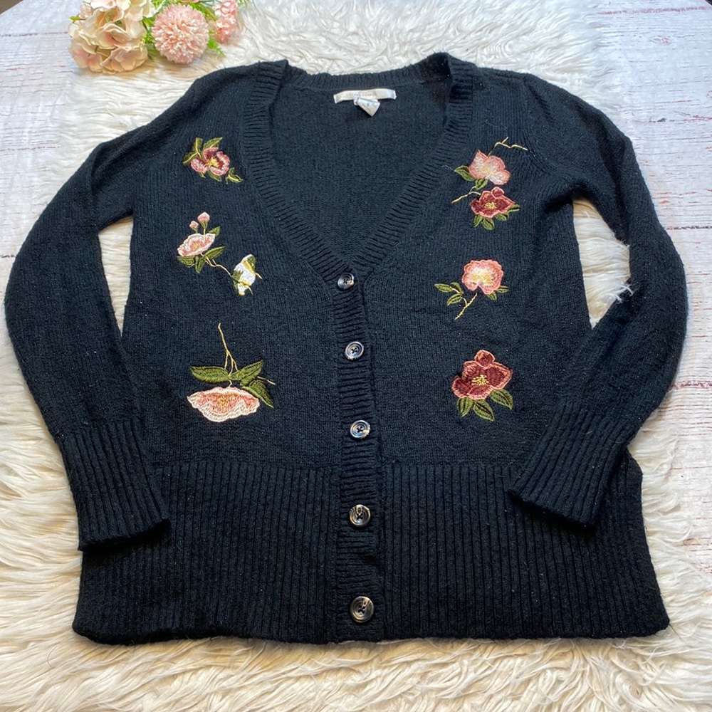 LC Lauren Conrad Disney Collection Floral Embroidered Black Cardigan Sweater S